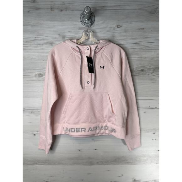 Under Armour Hoodie Womens XS Pink Rival Fleece Mesh Logo Pullover Sweatshirt - Picture 1 of 11